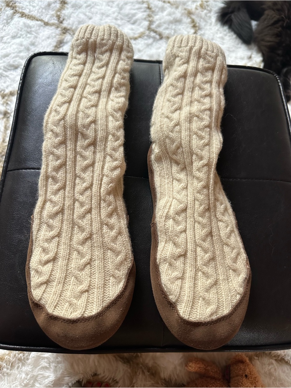 L.L. Bean Cream Cable-Knit Women’s Slipper Socks with Brown Suede Sole